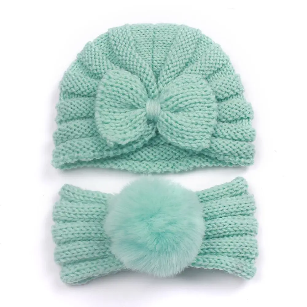 

Cute Fashion Kids Headband Multi-color Winter Bow Plush Ball Bonnet Hat Hair Band Set Toddler Beanies Cap Baby Knitted Hat