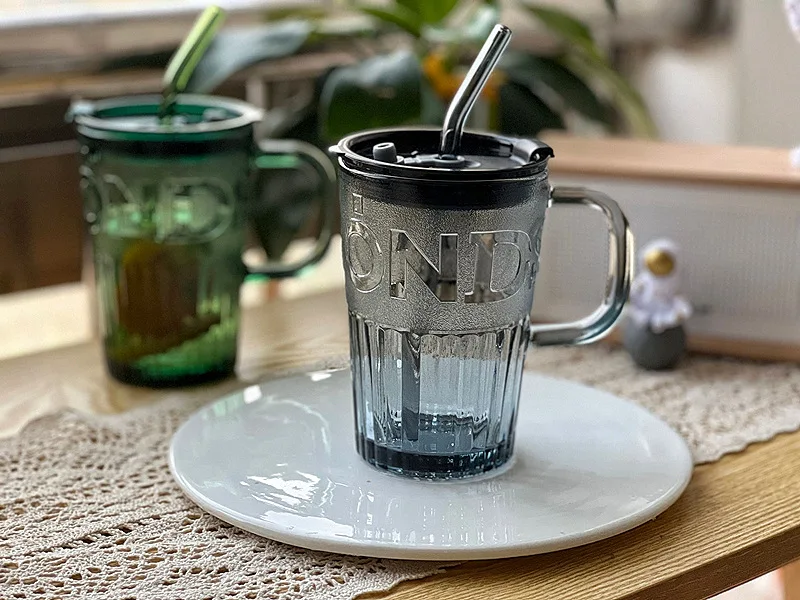 Straw With Glass Cup Coffee Cup With Handle Straw Cup Large Capacity Glass Cup With Cover 400Ml Glass Dinkware
