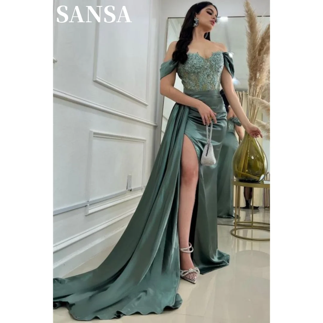 

Sansa Elegant Off Shoulder فساتين السهرة Sexy Side Split Mermaid Prom Dress Satin Fishtail Vestidos De Noche Detachable Tail