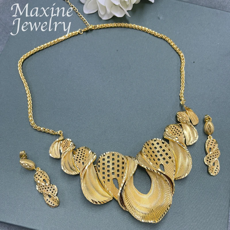 18K Gold Plated Jewelry Set for Women Fashion Necklace Earrings Eardrop Dubai Trendy Female Luxury Retro Wedding Party Gifts - 6