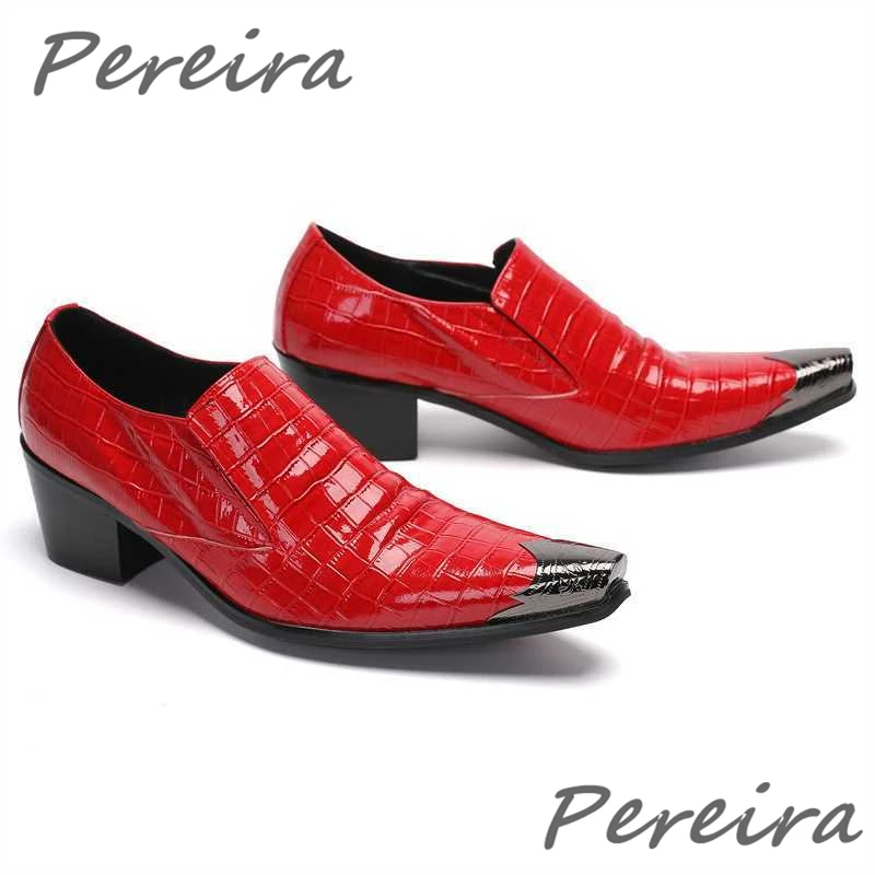 Red Metal Pointed Toe Men's Shoes Luxury High Heel Genuine Leather Loafers British Style Banquet Party Business Casual Shoes