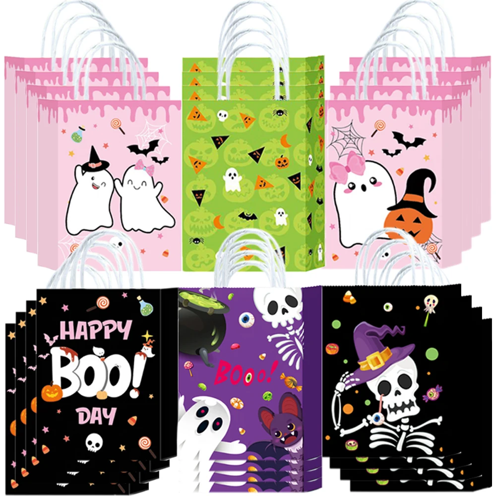 6/12/24/48 Stück Halloween-Themen-Party Kraftpapiertüten, niedliche rosa Geister-Süßigkeiten-Geschenktüten, Partyzubehör für Feiertage, Babypartys und Geburtstage