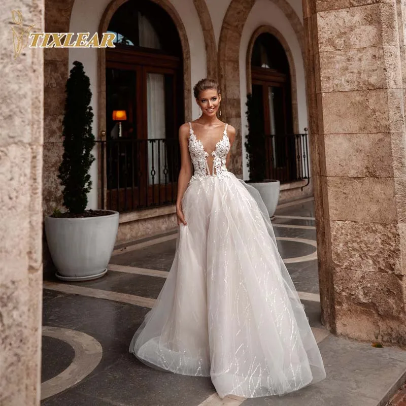 

TIXLEAR V-Neck Spaghetti Straps Wedding Dresses Modern Backless Bridal Gowns Detachable A-Line Court Train Vestido De Novia New