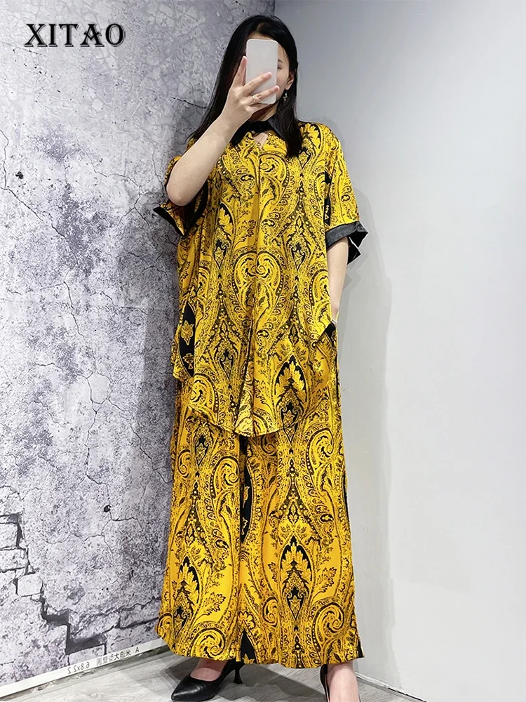 XITAOLoosePrintTwoPieceYellowSetsWomenFemaleAsymmetric2023