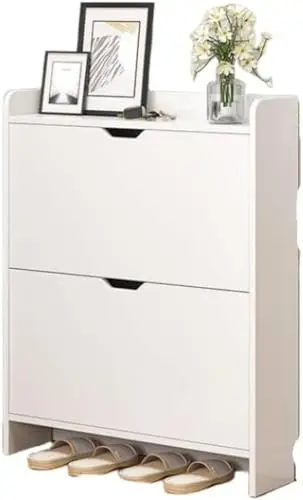 スリムな木製靴棚、2段フリップドアデザイン、省スペース、玄関靴収納ボックス、組み立てが必要、靴棚