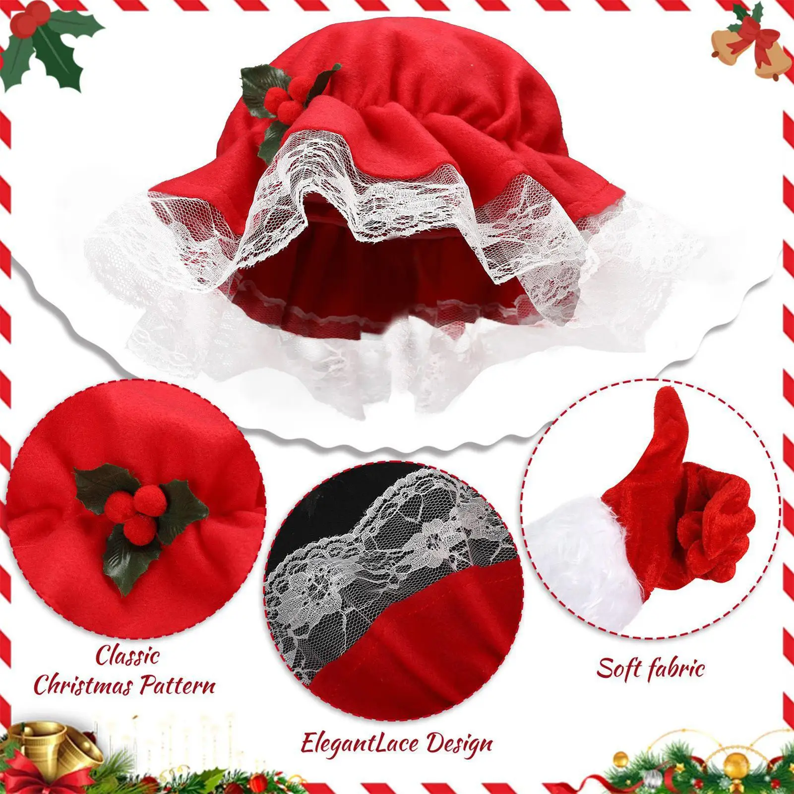 Mrs Claus Hat And Gloves Set Christmas Kids Cosplay Accessories Mrs Santa Role Playing Hat & Gloves For Women Girls Kids Adults