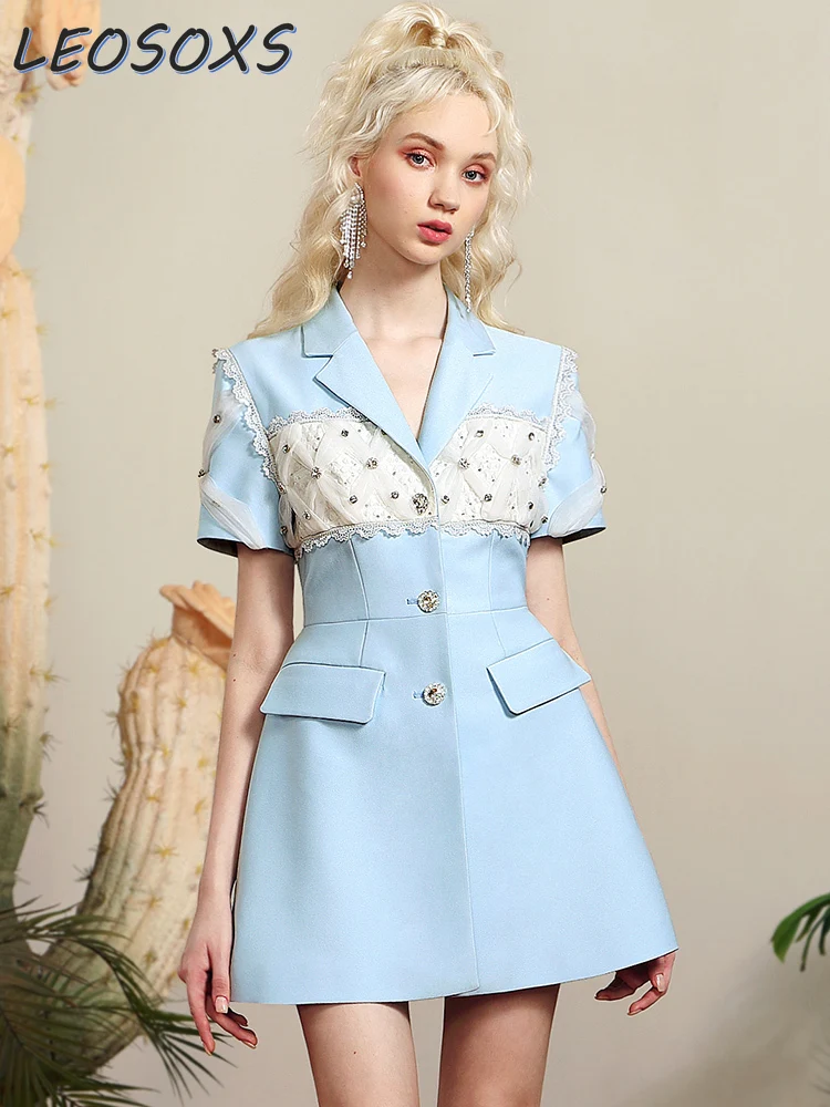 

High Sense Niche Blue Suit Dress Temperament Rhinestone Mesh Patchwork Slim Waist Single-Breasted Short Sleeve Commuter Dresses