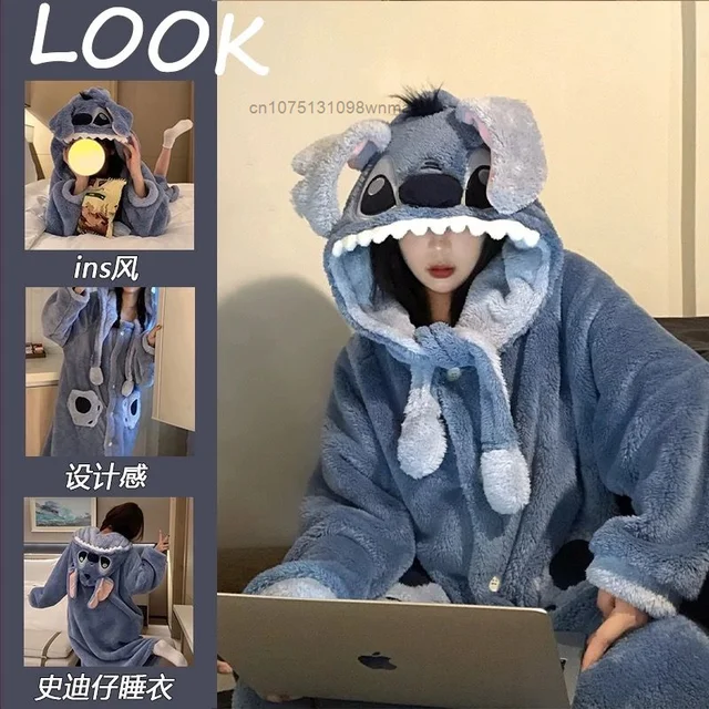 Couple Costume Stitch Onesie Disney Stitch Angel Coral Fleece Sleepwear  Pajamas For Women