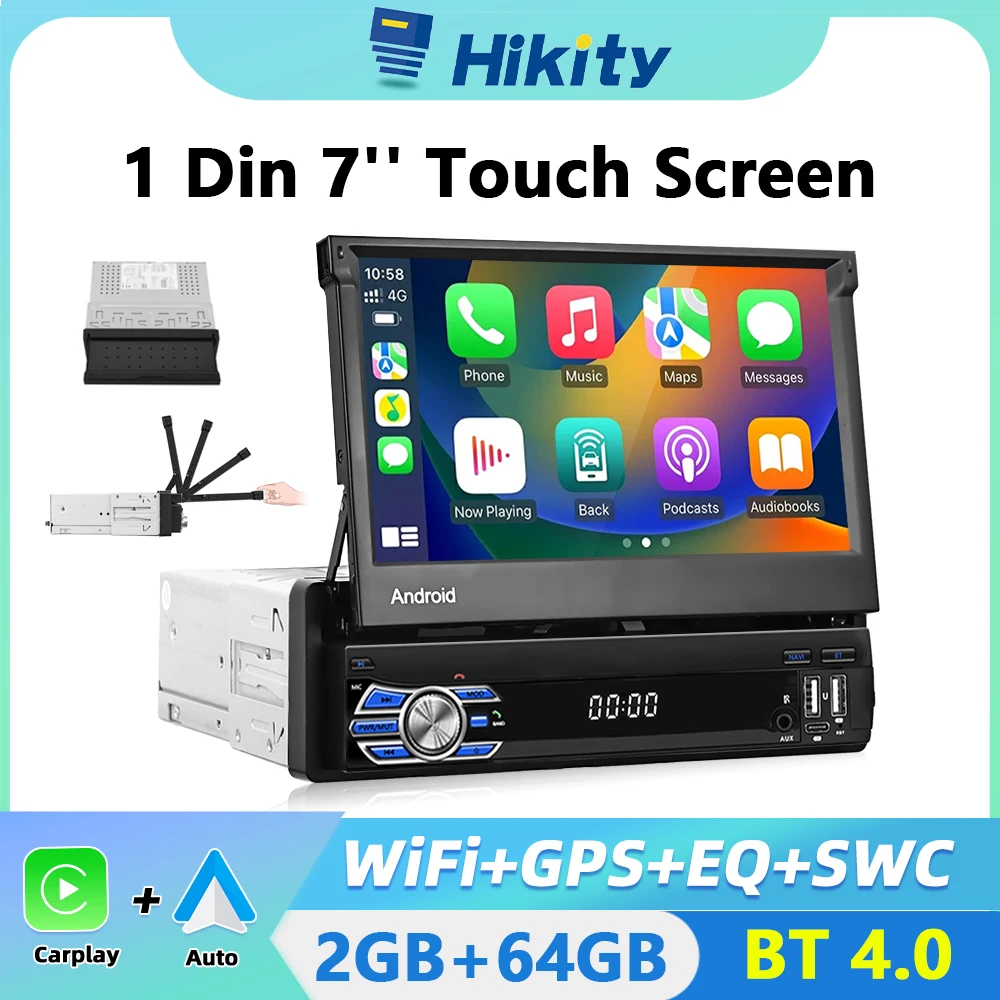Hikity 1 Din Autoradio Universale Android 2 + 64G/ 1 + 32Gb 1 Din Gps Wifi Navigazione 7 ''Schermo Retrattile Autoradio Bluetooth