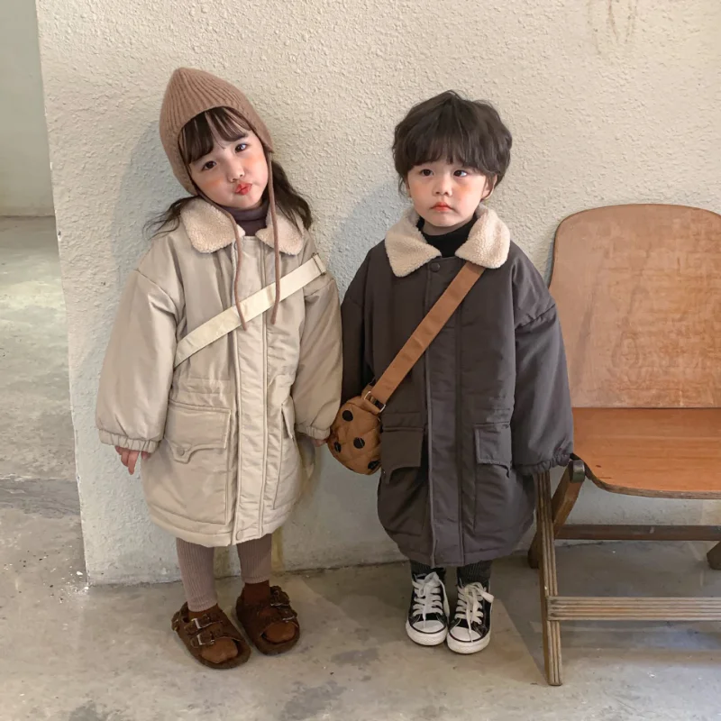 

Winter Kids Parkas Children Woolen Lapel Warm Trench Jacket Girls Boys Fur Thicken Loose Long Styel Coats
