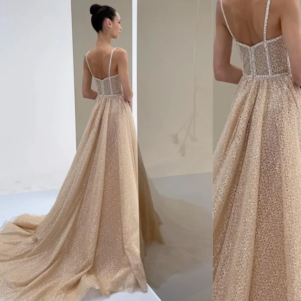 

Exquisite Spaghetti Prom Dresses Paillette /Sequins Open back Net/Tulle Sweep/Brush فساتين سهره فاخره للحفلات الراقصة