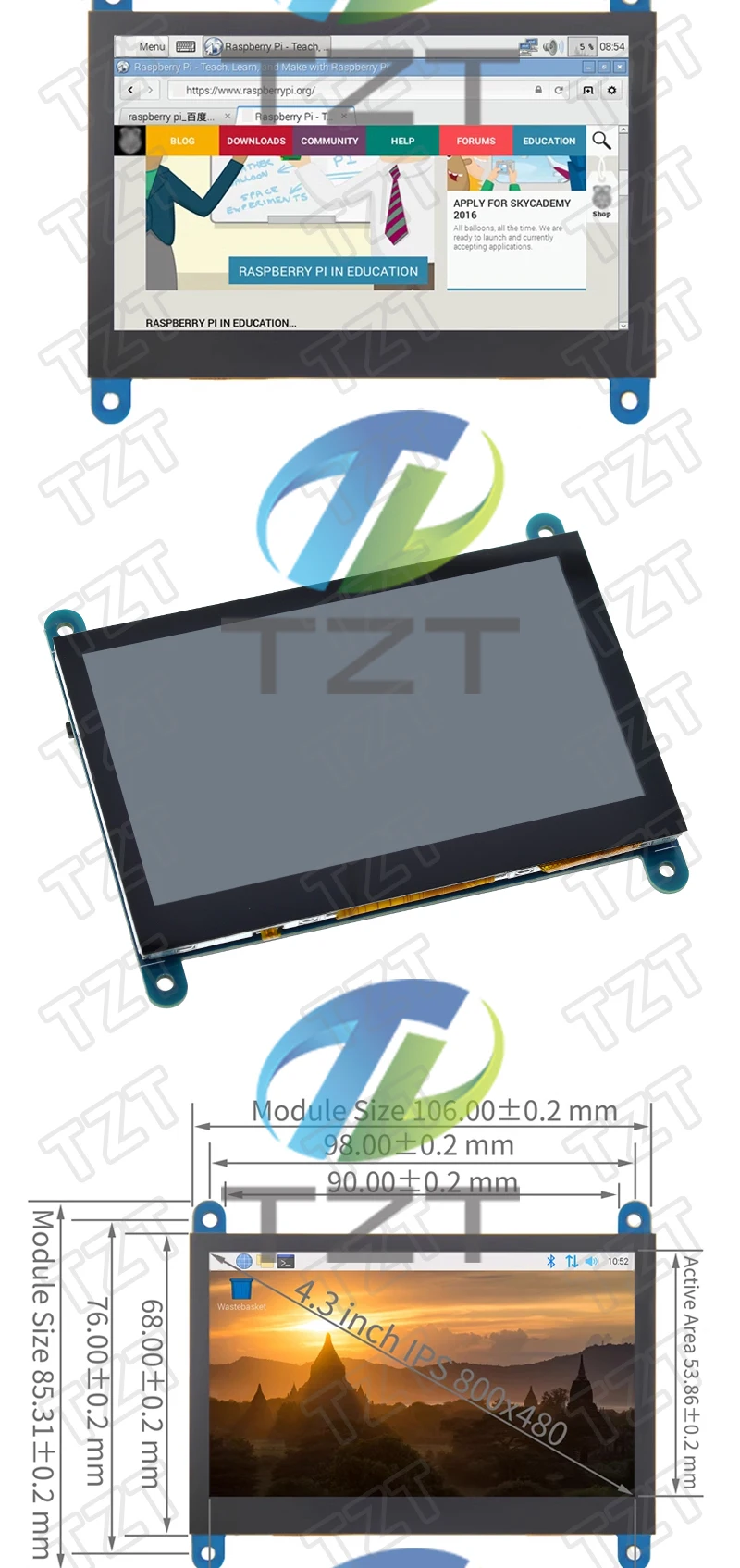 TZT 4,3 Zoll LCD-Display USB Touch Control HDMI Kapazitives Touchscreen-Panel 800*480 5-Punkt-Touch IPS-Monitor für Raspberry Pi – Detail 2