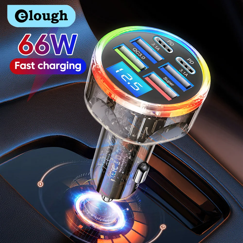 66W Car Charger Fast Charging QC3.0 4 Ports Digital USB Car Charger Lighter Dual Type C Phone