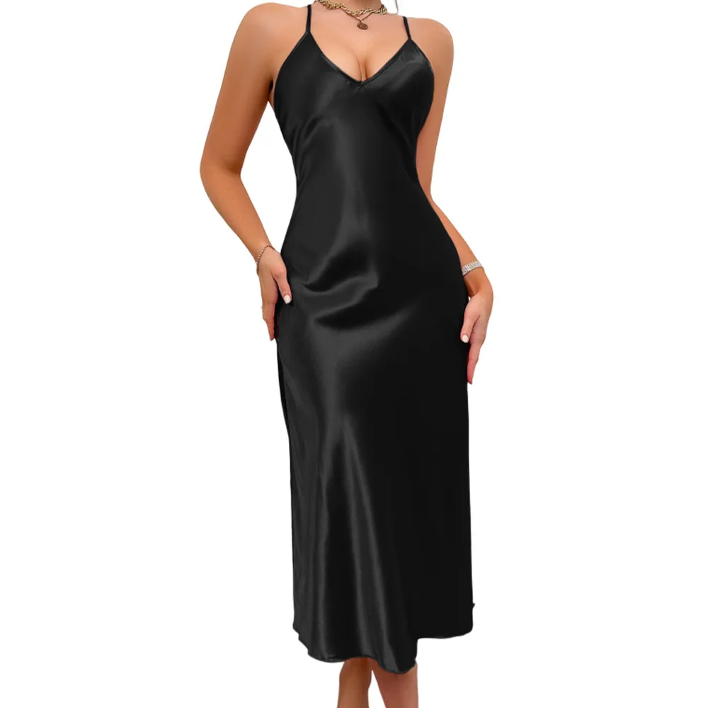 Women's clothing sexy lingerie pajamas Lady long night dresses Solid color thin pajamas with camisole skirt for home wear