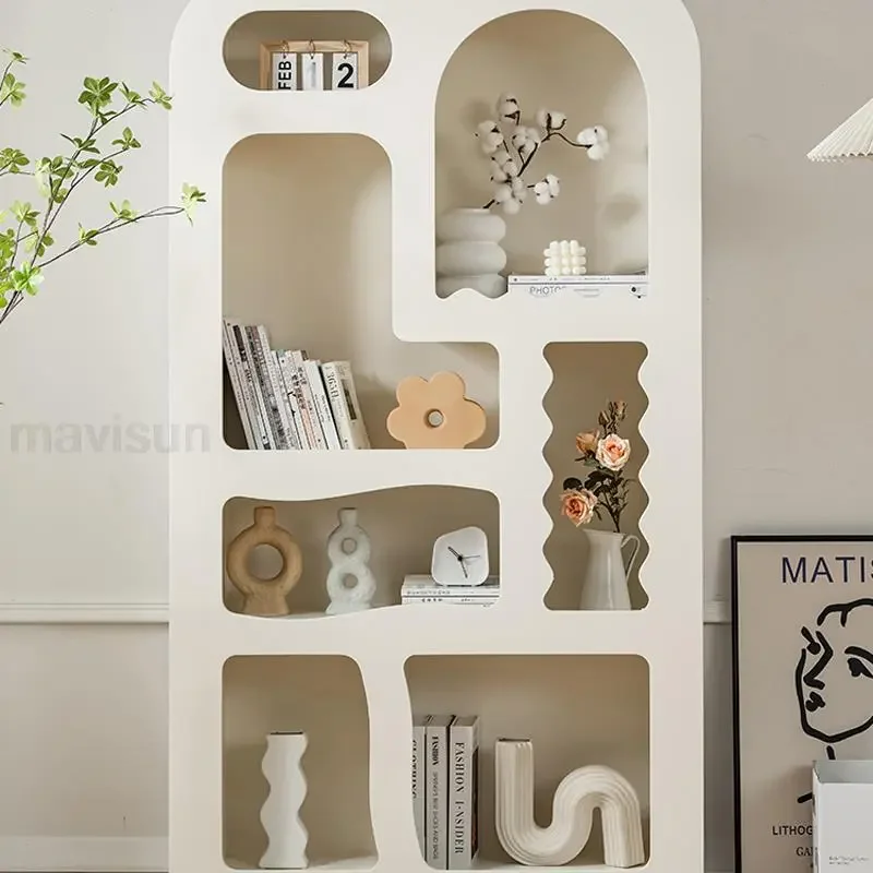 

Wooden Large Display Cabinet Living Room Irregular Patterns Organizer Cupboard Without Door Versatile Floor Sideboard In White