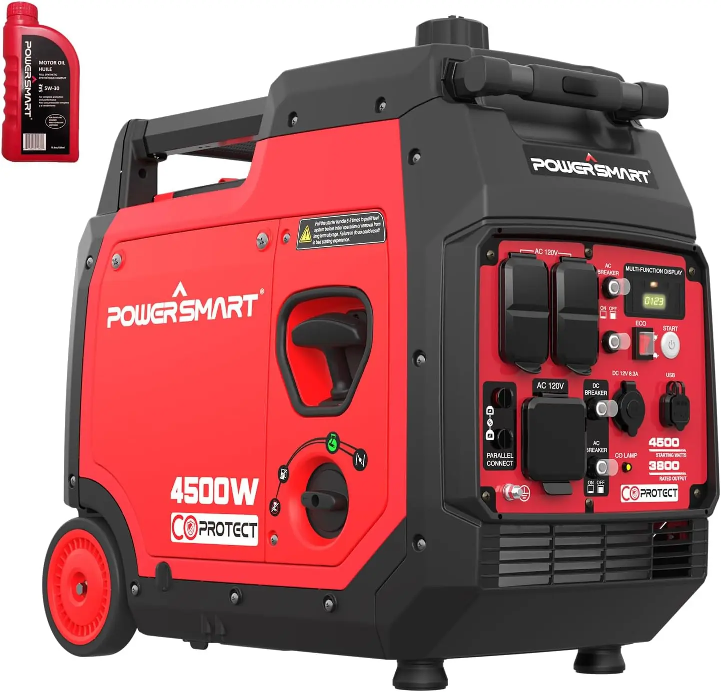 Description Picture 2 of itemSuper Quiet Portable Inverter Generator with CO Sensor Electric Start Gas Powered RV Ready Wheel Handle Kit Parallel