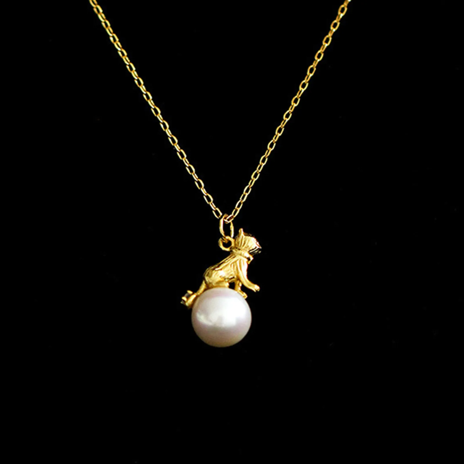 Gold Color Cat Pendant Sterling 925 Silver Pearl Necklace for Women Girls Trendy Cute Pet Animal Designer Jewelry