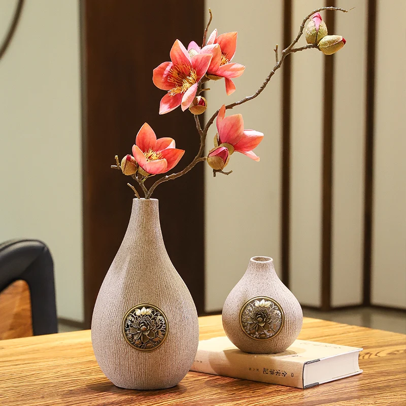 

New Chinese style minimalist dry flower vase set, bookshelf, tea table decoration, coarse ceramic retro flower ware