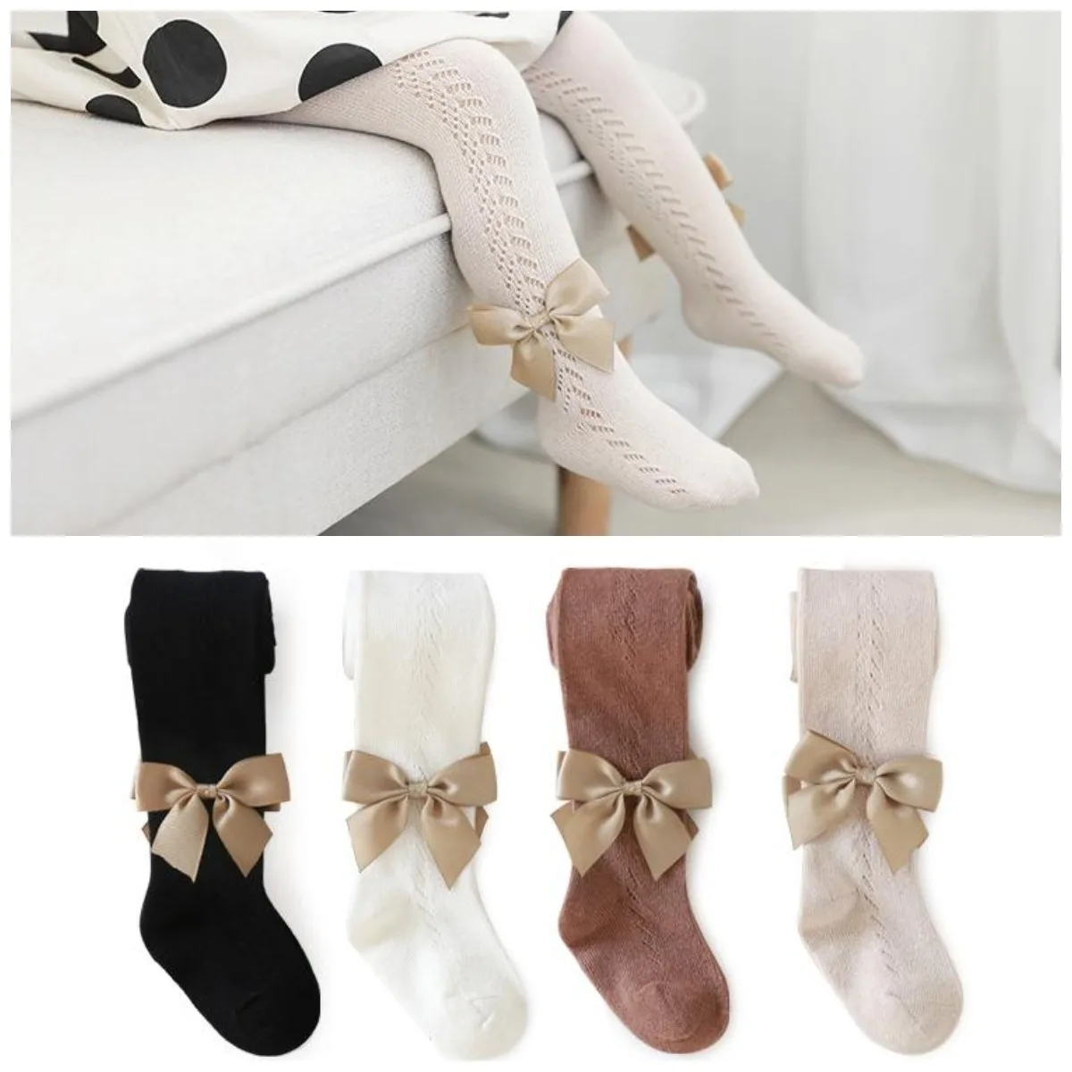 0-4T 2023 New Spring Autumn Cotton Newborn Baby Girls Tights Bow Infant Tights for Girls Hollow Out Children's Pantyhose