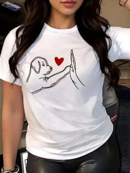 Summer Lady CLothes Crew Neck Short Sleeve Cute Cartoon Puppy Print T Shirt Women's Outfits Casual Daily Wear 1