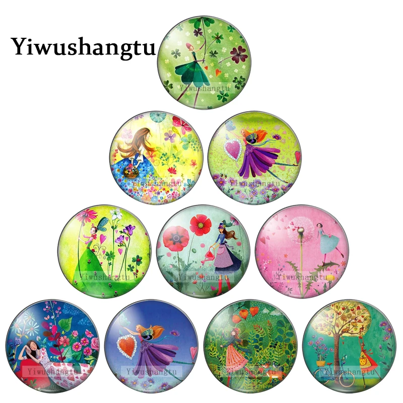 Pretty Colored Ink Fairy Girl Flowers Art Paintings 8Mm/12Mm/20Mm/25Mm Round Photo Glass Cabochon Demo Flat Back Making Risultati
