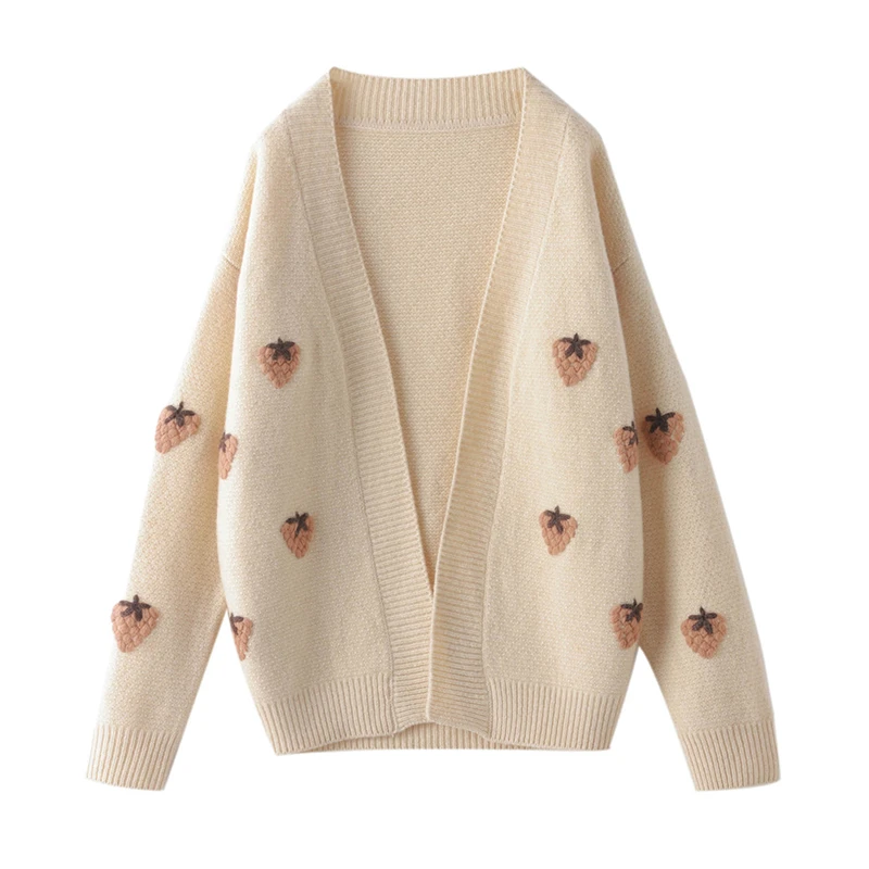 

Autumn And Winter V-neck Color Matching Long 100% Pure Wool Cardigan Thick Coat For Women Sweet Strawberry Sweater