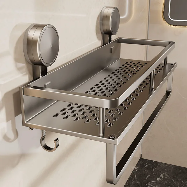 ห้องน้ําชั้นวางถ้วยดูดผ้าเช็ดตัวผู้ถือบาร์ตะขอแบบถอดได้ติดผนังไม่มีเจาะห้องอาบน้ํา Storage Rack Organizer 1