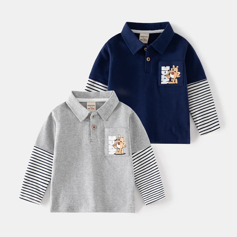 Camicia a maniche lunghe per bambini autunno nuovi ragazzi finti due pezzicolletto Base top abbigliamento per bambini all'ingrosso