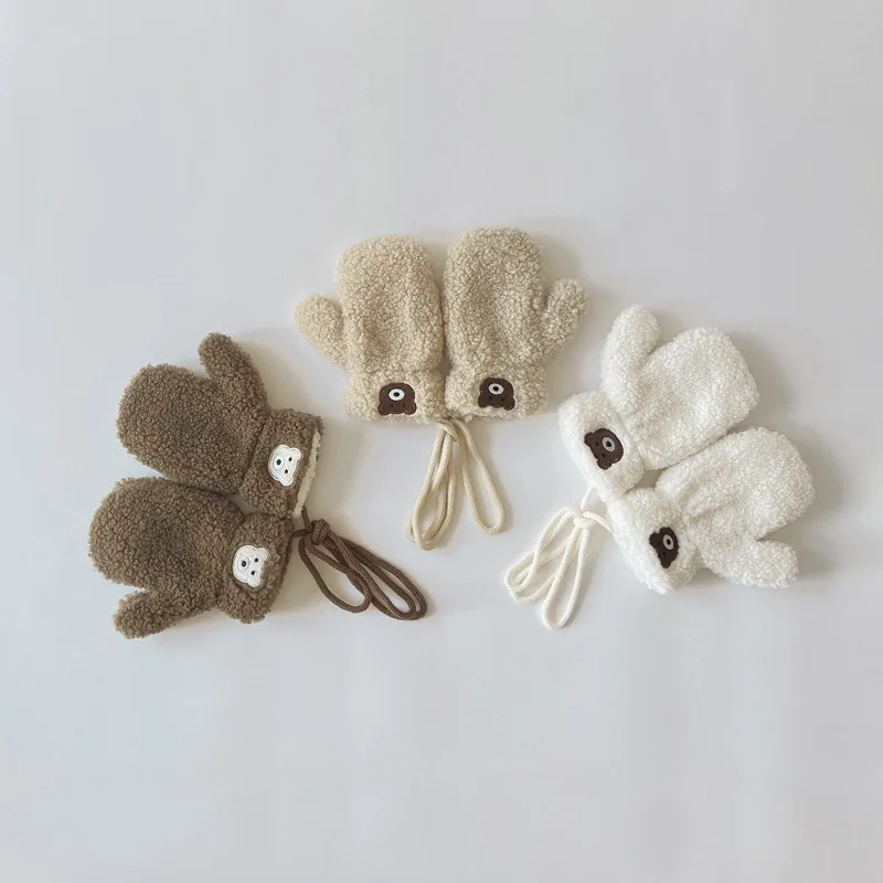 2023 Lamb Wool Baby Gloves Winter Finger Warm Mittens Cartoon Bear Kids Glove Thickened Fleece Mitten for Boys Girls Accessories
