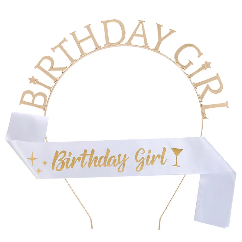 

1 Set Birthday Girl Party Satin Sash Tiara Headband Set Birthday Party Gift Accessories Anniversary Happy Birthday Decoration
