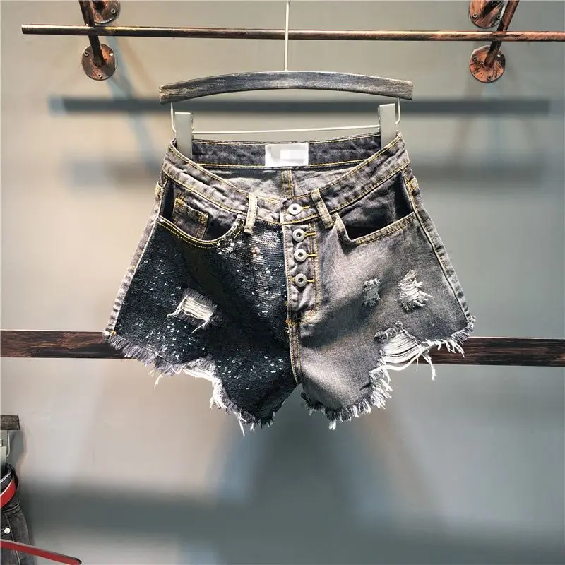 Short Pants for Women To Wear Wide Jeans with Rhinestones Ripped Sexy Womens Shorts Denim Casual Normal Classic Streetwear XL