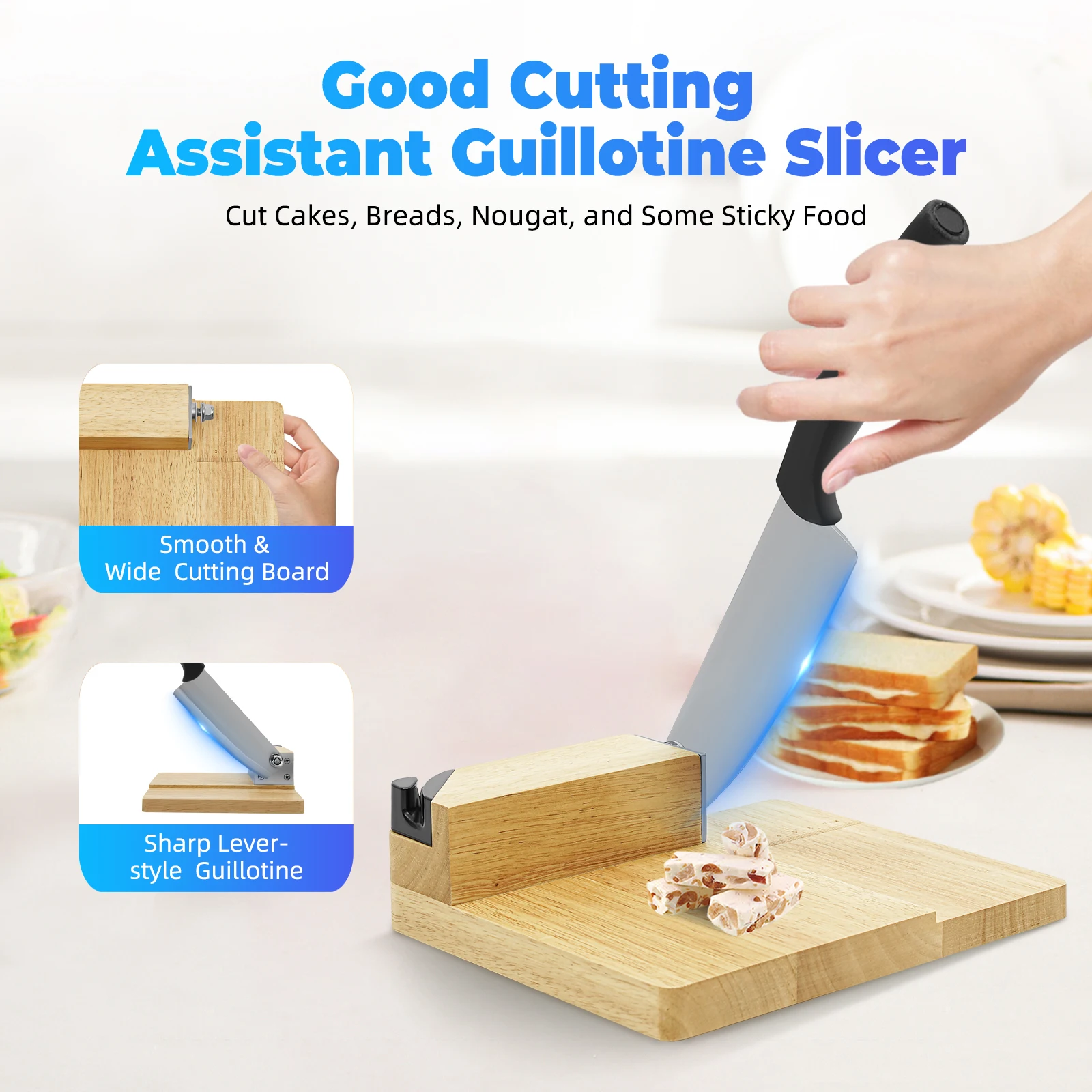 Guillotineschneider, Zerkleinerer aus Edelstahl mit Holzsockel zum Schneiden von Reiskuchen, Brot, Speck, Gemüse, Käse – Detail 2