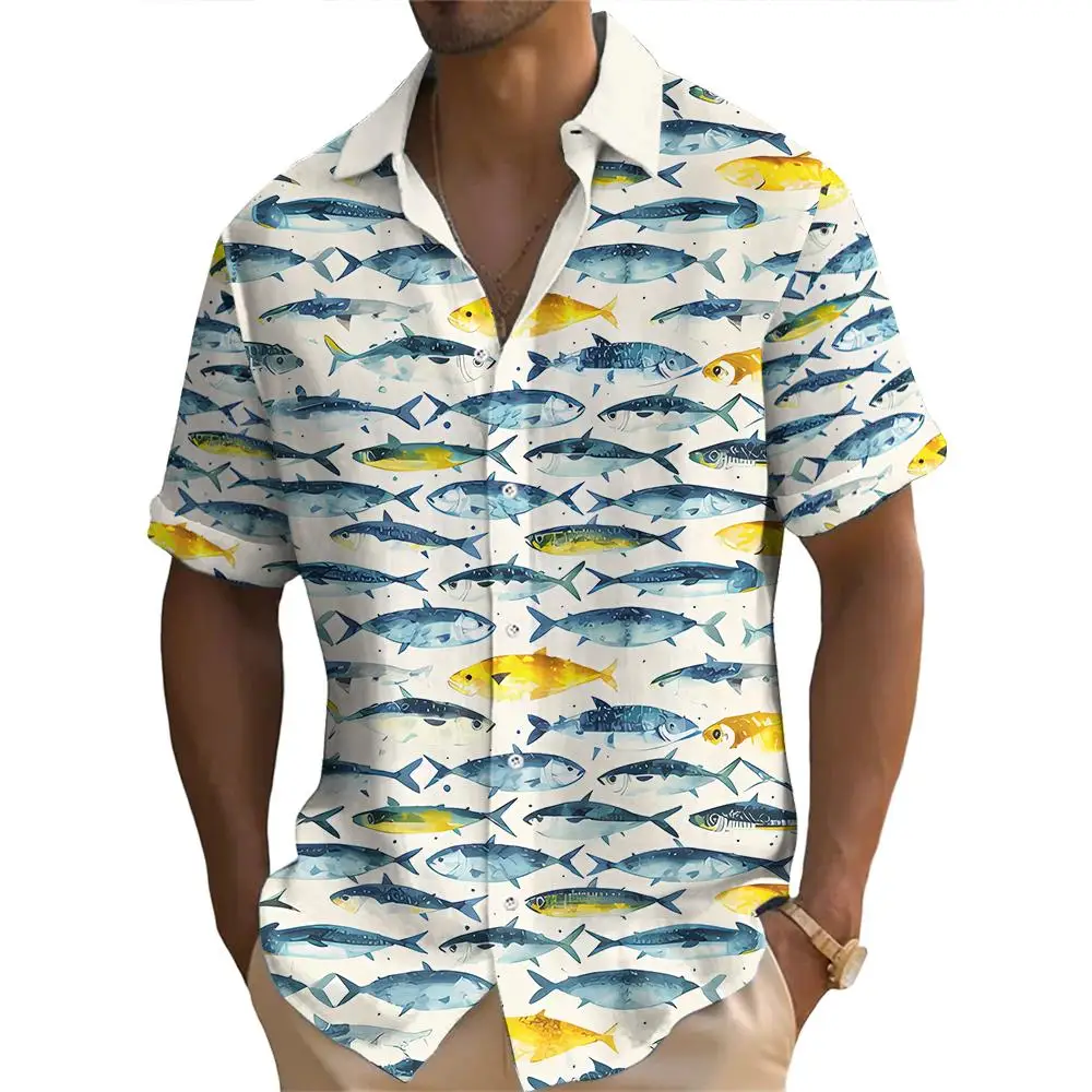 Summer Fashion Ocean Fish Print Men's Short Sleeve Casual Printed Tops Seaside Vacation Travel Wear Oversized Tops 5
