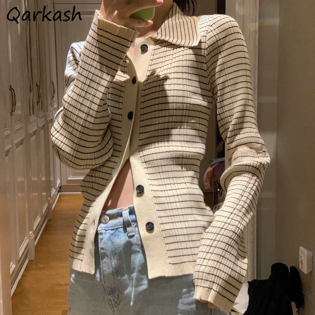 

Long Sleeve T-shirts Women Striped Button Slim Spring Japan Style Retro Tender Leisure Knitted Simple Popular Femme Mujer Chic