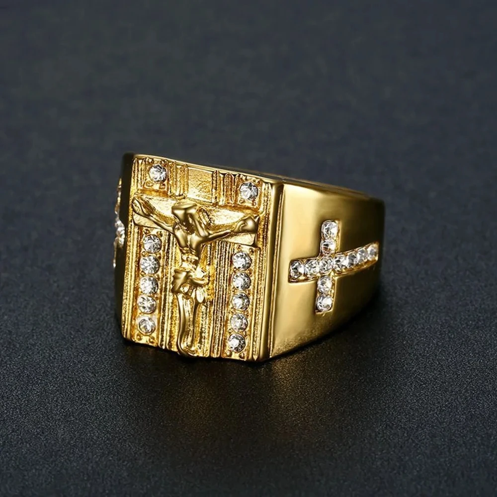 Hip Hop Iced Out Religious Jesus Cross Ring Gold Color