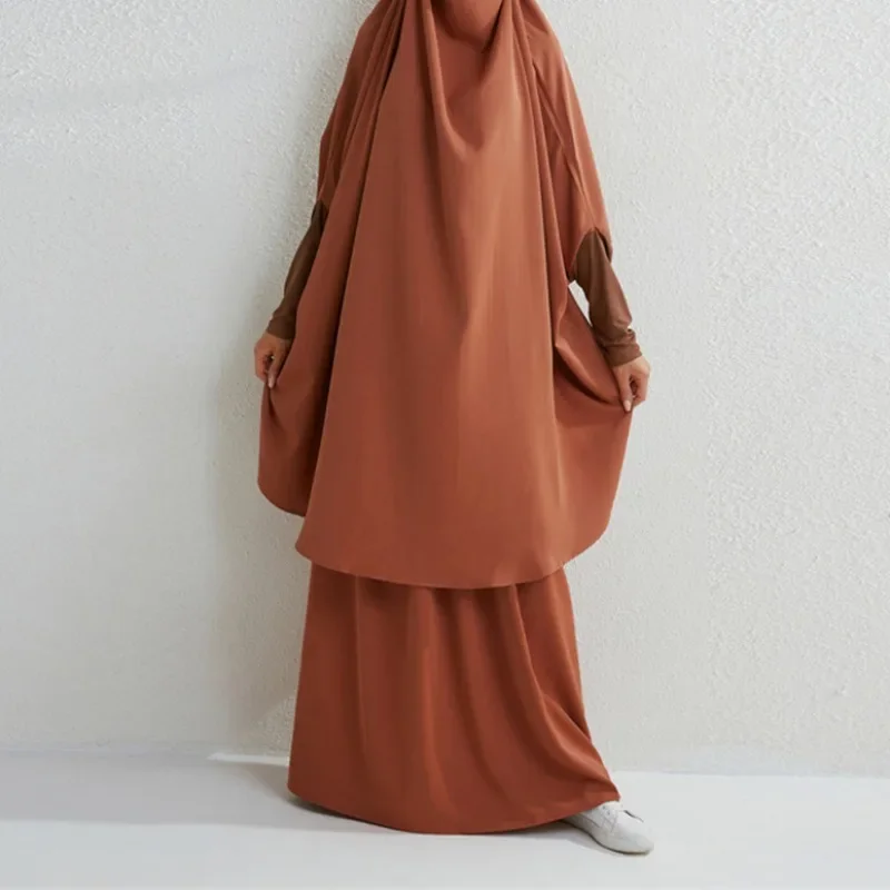 Muslim Fashion plus Size Two-Piece Suit Robe Solid Color Long Sleeve Suit Skirt evening dresses  modest dress for women