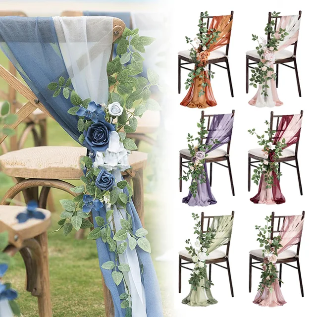 3Pcs Wedding Chair Decoration Simulation Silk Flower Chiffon Chair Sashes Ribbon Wedding Party Aisle Chair Covers Props Decor