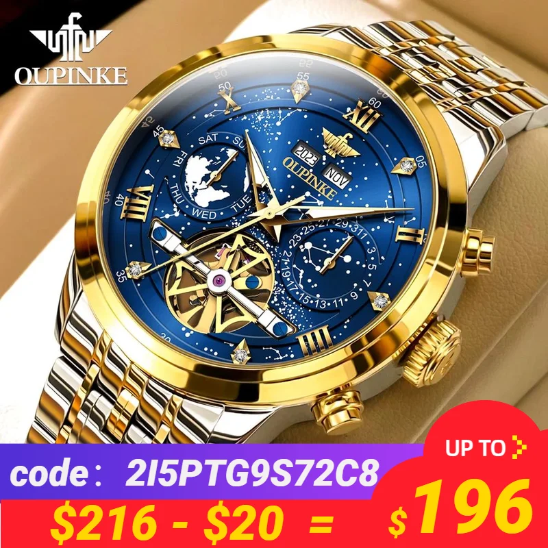 OUPINKE Original Luxury Automatic Watch for Men Starry Sky Stainless Steel Waterproof Sapphire Crystal Diamond Wristwatch Male