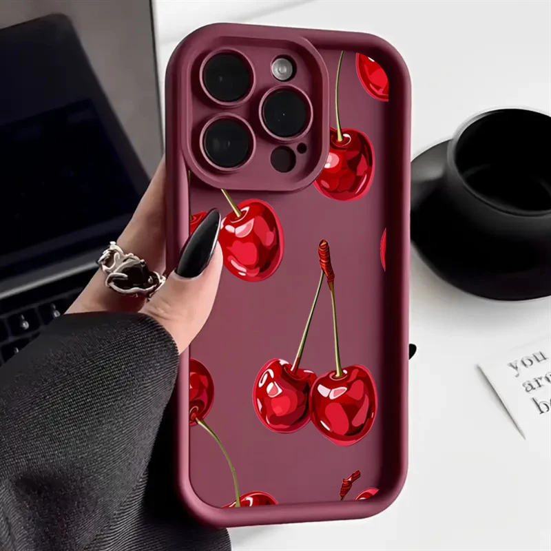 Elegant Wine Red Cherry Print Silicone Phone Case - Soft, Stylish Back Cover