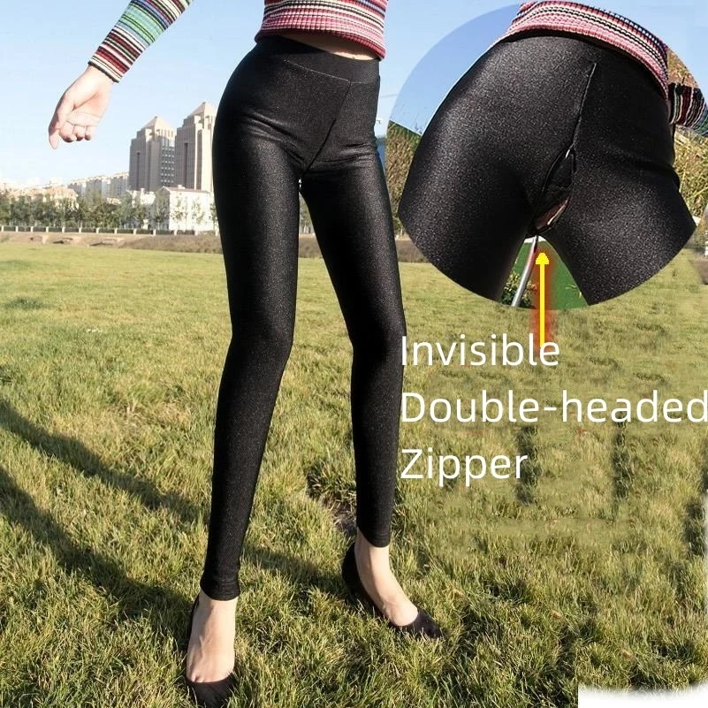 Glossy Invisible zipper open crotch leggings Female autumn winter warm  plush high waist knitted velvet pants