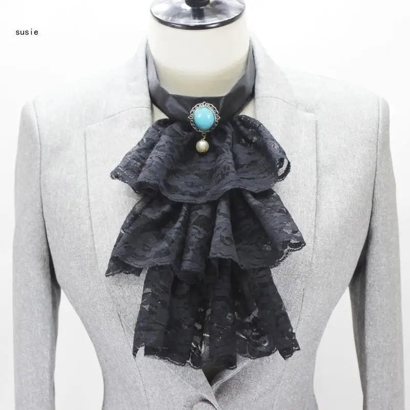 X7YA 여성 남성 다층 레이스 프릴 가짜 칼라 고딕 빅토리아 분리형 Jabot 칼라 파티 Steampunk 의류 액세서리