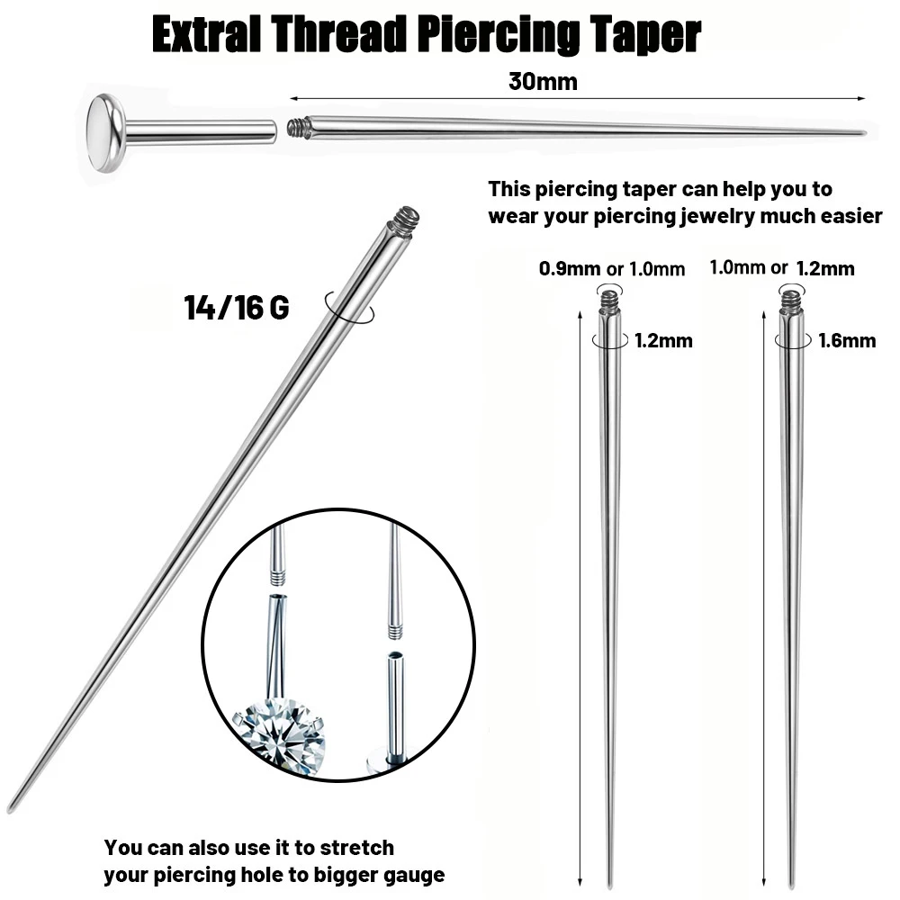 Cono de inserción de acero quirúrgico, herramienta fácil de enhebrar, sin rosca, Piercing, pendientes, joyería, 14/16/18G