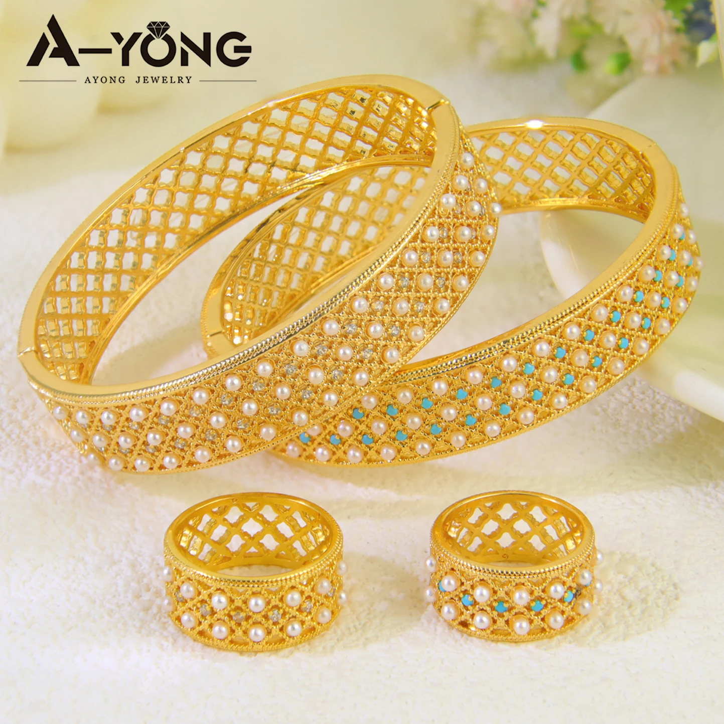 Dubai Modeschmuck-Set, 21 Karat vergoldet, italienische Premium-Perlen, offenes Armband, Ring, Äthiopien, Damen, Braut, Hochzeit, Party-Schmuck