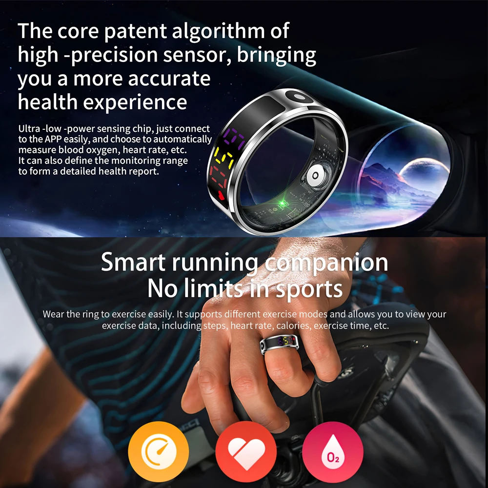 Anelli Intelligenti per Uomo e Donna, Fitness Tracker Impermeabile Anello di Monitoraggio della Salute per Ossigeno nel Sangue, Pressione, Contapassi, (21,5 mm/0,85 Pollici