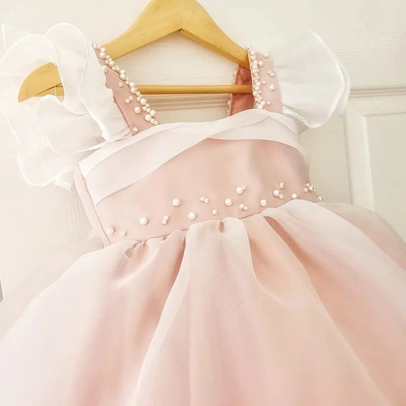 

1-10Y little Girls dress Simple and high-end Beading Petal Sleeve Baby Princess tutu dress for Birthday party children's dress