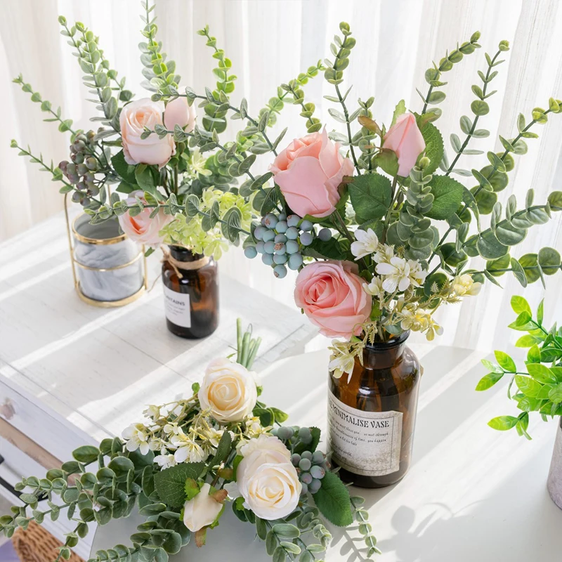 Wedding Flower Bouquet Artificial Silk Rose Lucky Ball Bride Bouquet Flower Home Wedding Decor Forest Style Eucalyptus