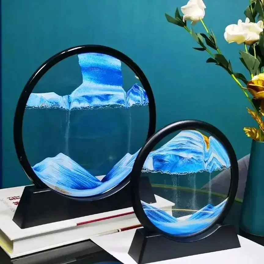 5/7/12inch Moving Sand Art Picture Round Glass 3D Deep Sea Sandscape In Motion Display Flowing Sand Frame Relaxing Desktop Decor