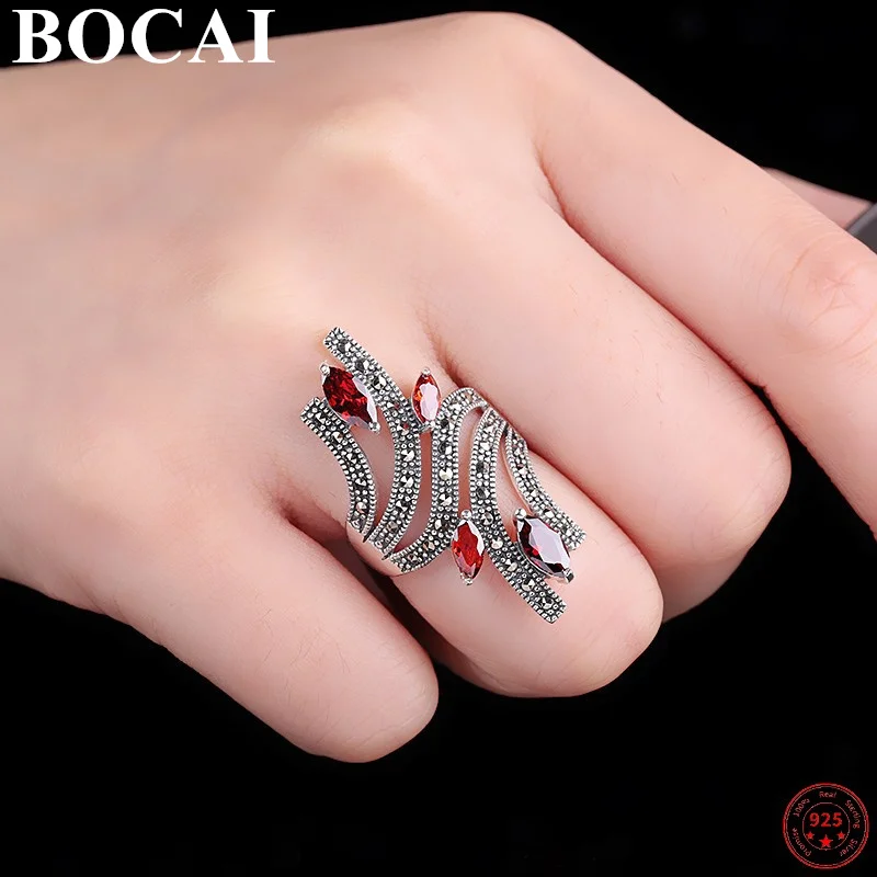 

BOCAI 2022 Trendy S925 Sterling Silver Ring New Fashion Eternal Vine Garnet Blue Corundum Pure Argentum Jewelry for Women Men