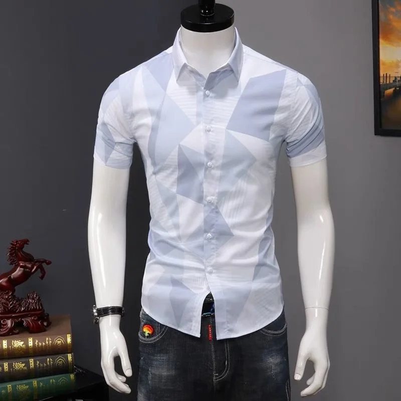 

New Men's Shirts Geometry Print Short Sleeve Social Button Up Blouses Wholesale 2023 Single Breasted Lapel Male Shirt Tops A09