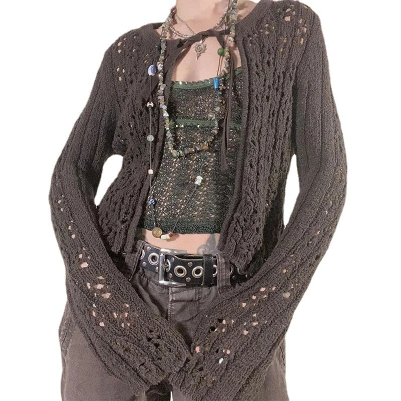 

Women's Hollow Holes Knitted Cardigans Long Sleeve Open Front Sweater Loose Lace Up Tops All-matching Knitwear Coat Ins